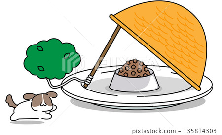 Illustration of a dog on guard after being tricked into eating food | Image of pet training and caution 135814303