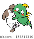 Illustration of a Chupacabra pampering a dog | An image of friendship, trust, and physical contact 135814310