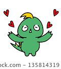 A cute character illustration of a chupacabra expressing love surrounded by hearts 135814319