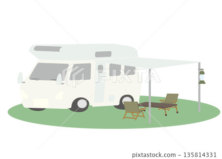 圖中展示了白色露營車側篷擺放的桌椅。 135814331