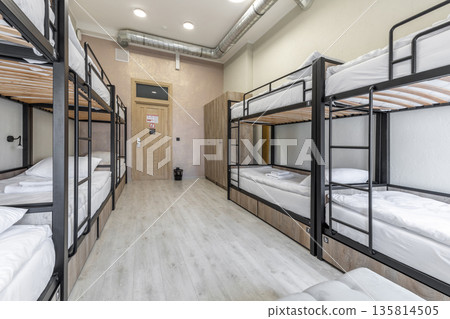 Hostel dormitory room with multiple bunk beds and wood storage 135814505