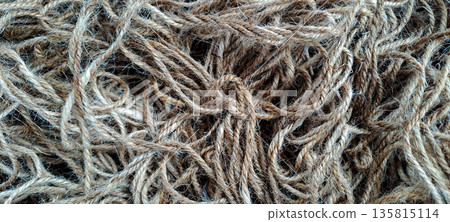 High Angle Close Up of Natural Brown Jute Rope Tangle Texture Background 135815114