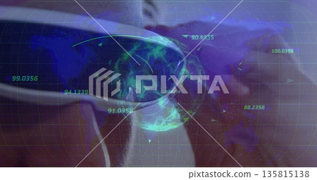 Executive demonstrating globe hologram above office desk with laptop and AR grid displaying data Executive demonstrating globe hologram above office desk with laptop and AR grid displaying data 135815138