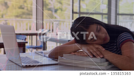 Sleeping Hispanic teen girl on textbooks in study area, with laptop overlooking balcony, copy space 135815163