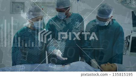 Surgical team in scrubs performing procedure in operating room, with surgical drapes, data overlay Surgical team in scrubs performing procedure in operating room, with surgical drapes, data overlay 135815195