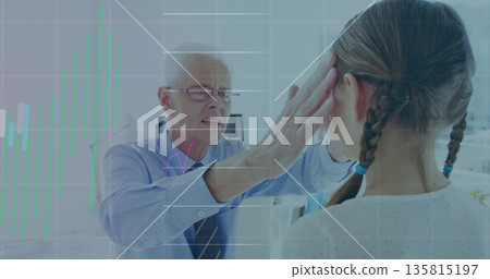 Examining clinician placing hands on girl's head with braids in exam room, with computer monitor Examining clinician placing hands on girl's head with braids in exam room, with computer monitor 135815197