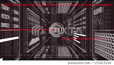 Displaying circular numeric display along digital corridor with clear panels and red scanning bars Displaying circular numeric display along digital corridor with clear panels and red scanning bars 135815206