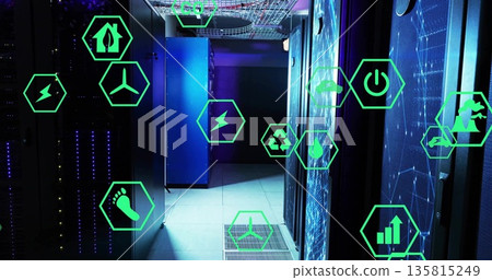 Streaming server racks emitting blue LEDs under cable trays in cooled data center, with green icons 135815249