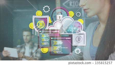Two tech professionals collaborating on blockchain overlay in office, with tablet and keyboard Two tech professionals collaborating on blockchain overlay in office, with tablet and keyboard 135815257