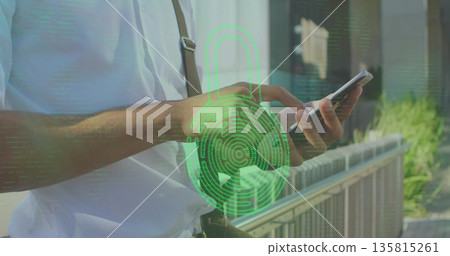 Man wearing suspenders holding smartphone near railing on balcony, fingerprint and lock overlay Man wearing suspenders holding smartphone near railing on balcony, fingerprint and lock overlay 135815261