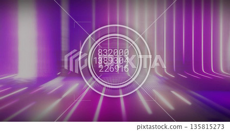 Displaying holographic interface showing numeric values in virtual neon corridor, with floor strips 135815273
