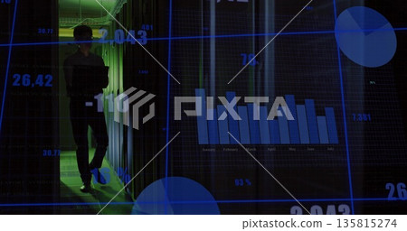 Server tech in dark shirt walking through data center aisle, with status LEDs and digital overlays Server tech in dark shirt walking through data center aisle, with status LEDs and digital overlays 135815274