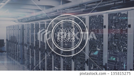 Displaying interface overlay showing codes in data center with glass-doored servers and LEDs Displaying interface overlay showing codes in data center with glass-doored servers and LEDs 135815275