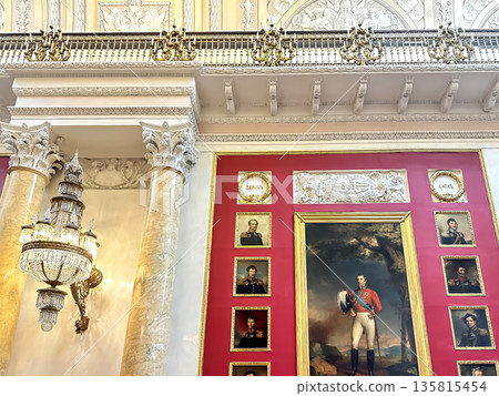 The luxurious interiors of the 1812 Military Gallery at the Hermitage Museum in St. Petersburg, Russia. 135815454