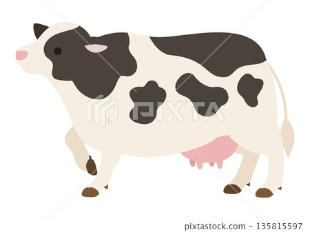 可愛的向量插圖,描繪了一頭乳牛抬起一條腿站立的情景。 可愛的向量插圖,描繪了一頭乳牛抬起一條腿站立的情景。 135815597