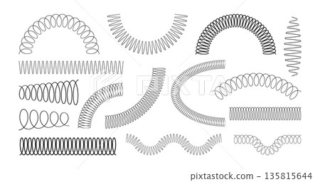 Spiral spring set. Metal wire coil spring icon collection. Thin zigzag waves symbol. Flexible coil shapes. Loop line pattern. Vector illustration isolated on white background 135815644