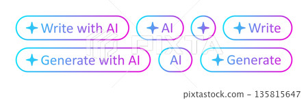 AI star button. Write, generate with AI stamp. Artificial intelligence symbol. Gradient blue purple digital AI robot sign. Magic star smart assistant. Vector illustration isolated on white background 135815647