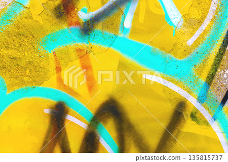 Abstract Graffiti Wall with Yellow, Cyan, White Paint for Urban Street Art, 2000s Style 135815737