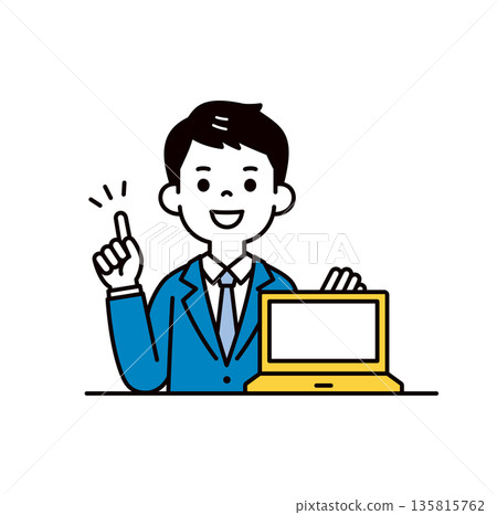 一幅簡單的上半身向量插圖，描繪了一位年輕商人展示電腦螢幕並提出建議的場景。 135815762