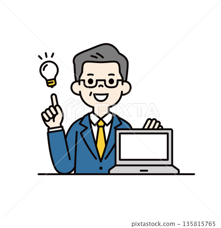 A simple upper body vector illustration of a middle-aged businessman showing a laptop and negotiating a business deal 135815765