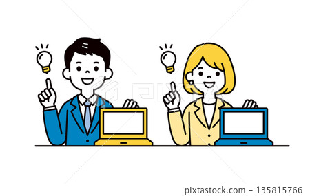 A simple vector illustration set of young male and female businessmen opening a computer screen and making a proposal 135815766