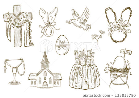 Set of Easter religious symbols and traditional holiday elements Set of Easter religious symbols and traditional holiday elements 135815780