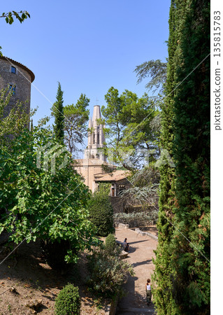 Cathedral Tower Framed By Leafy Garden, Peaceful Medieval Courtyard With Stone Walls, Cypress And Fig Trees, Cathedral Tower Framed By Leafy Garden, Peaceful Medieval Courtyard With Stone Walls, Cypress And Fig Trees, 135815783