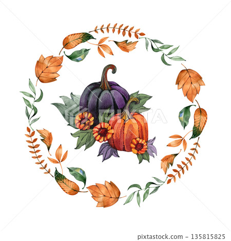 Watercolor mystical autumn illustration featuring a purple and an orange pumpkin centerpiece. The central composition is framed by a delicate circular wreath of orange and green fallen leaves. 135815825