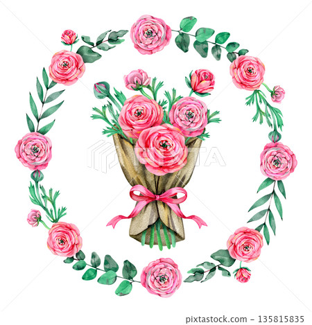 Watercolor hand-drawn bouquet of pink ranunculus flowers wrapped in craft paper with a pink ribbon bow, enclosed in a circular floral wreath of roses and green eucalyptus leaves. Romantic botanical 135815835