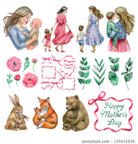 Mother's day watercolor greeting card set. Illustrated illustration kit of mom holding kid's hand walking in floral garden with flowers. Mother's day watercolor greeting card set. Illustrated illustration kit of mom holding kid's hand walking in floral garden with flowers. 135815839