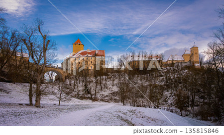 Winter landscape with a beautiful Gothic castle Veveri. Brno city Czech Republic Central Europe. Winter landscape with a beautiful Gothic castle Veveri. Brno city Czech Republic Central Europe. 135815846