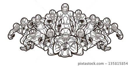 Outline Group of American Football Sport Players Mix Action Cartoon Graphic Vector 135815854