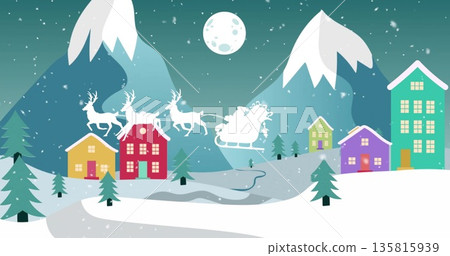 Sleigh of Santa and reindeer flying over snowy village image 135815939