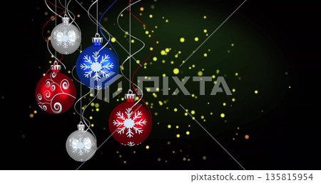 Image of yellow spots over christmas baubles Image of yellow spots over christmas baubles 135815954