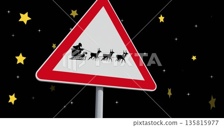 Image of sign with santa in sleigh over stars Image of sign with santa in sleigh over stars 135815977