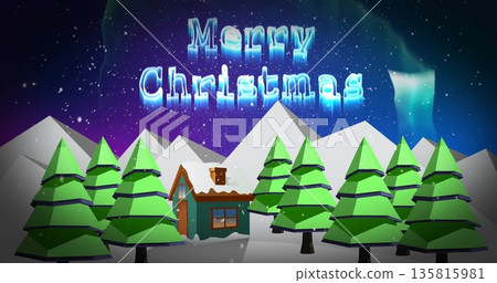 Image of merry christmas text over winter scenery 135815981