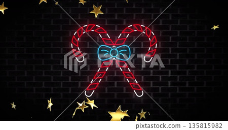 Image of neon candy canes christmas decoration over stars falling on black background Image of neon candy canes christmas decoration over stars falling on black background 135815982