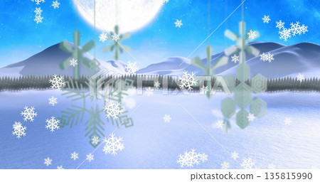 Image of snowflakes over moon and snow falling 135815990