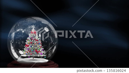 Image of christmas tree in snow globe over blue shapes Image of christmas tree in snow globe over blue shapes 135816024