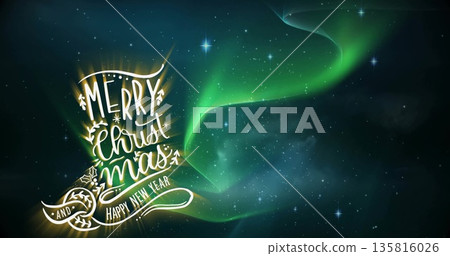 Image of merry christmas text over lights and stars 135816026