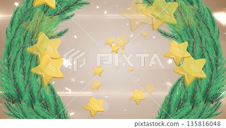Image of stars floating over christmas wreath Image of stars floating over christmas wreath 135816048