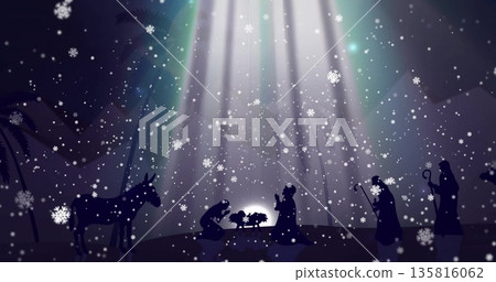 Image of snow falling over nativity scene Image of snow falling over nativity scene 135816062