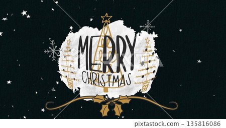 Image of merry christmas text and stars over christmas decorations on black background 135816086