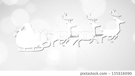 Image of light spots over santa claus in sleigh with reindeer on white background at christmas Image of light spots over santa claus in sleigh with reindeer on white background at christmas 135816090