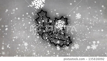 Image of snow falling neon holly on grey background at christmas Image of snow falling neon holly on grey background at christmas 135816092