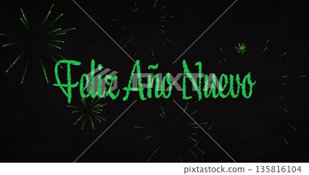 Image of feliz ano nuevo text and fireworks on black background 135816104