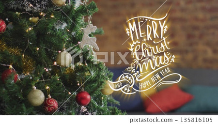 Image of merry christmas text over christmas tree Image of merry christmas text over christmas tree 135816105