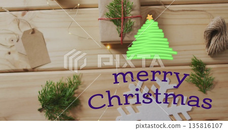 Image of merry christmas text over christmas presents Image of merry christmas text over christmas presents 135816107
