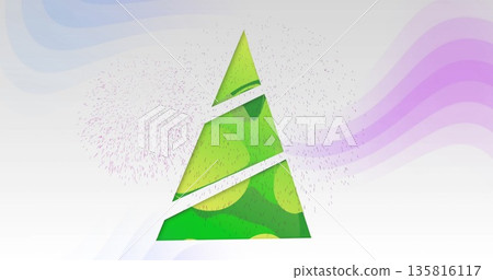 Image of christmas tree and moving purple light trails on white background Image of christmas tree and moving purple light trails on white background 135816117