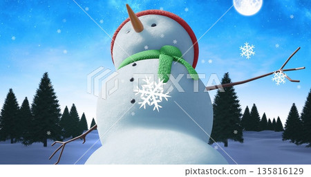 Image of snow falling over snowman moving Image of snow falling over snowman moving 135816129